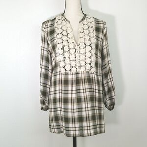 *NWT* LINDA ANDERSON Green Plaid Tunic Top w/Daisies & Pearls Roll Tab Sleeves-S